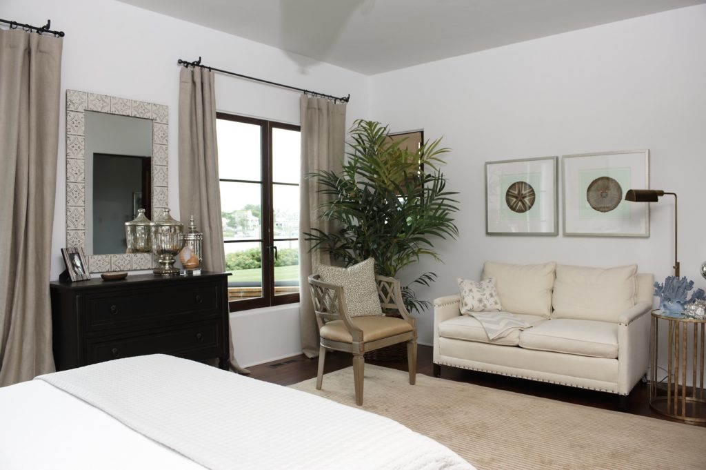 Coastal Mediterranean Bedroom  in Westport, CT. Home Staging designed by Kim Cavalier Staging & Design